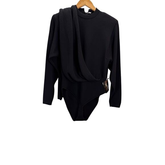 VTG St John Knit Bodysuit Top Womens M Black 80s Long Slvd Scarf Flaw Rare NWT - Picture 1 of 10